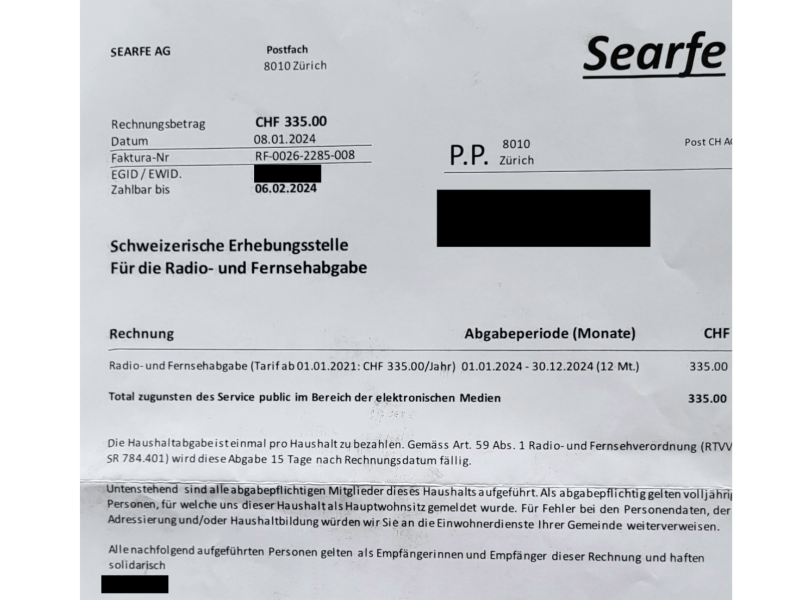 Achtung vor Searfe statt Serafe: Gefälschte Serafe Rechnungen im Umlauf